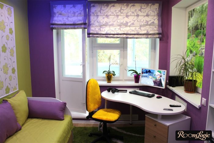 Bright teenager girl's room in violet and pistachio green