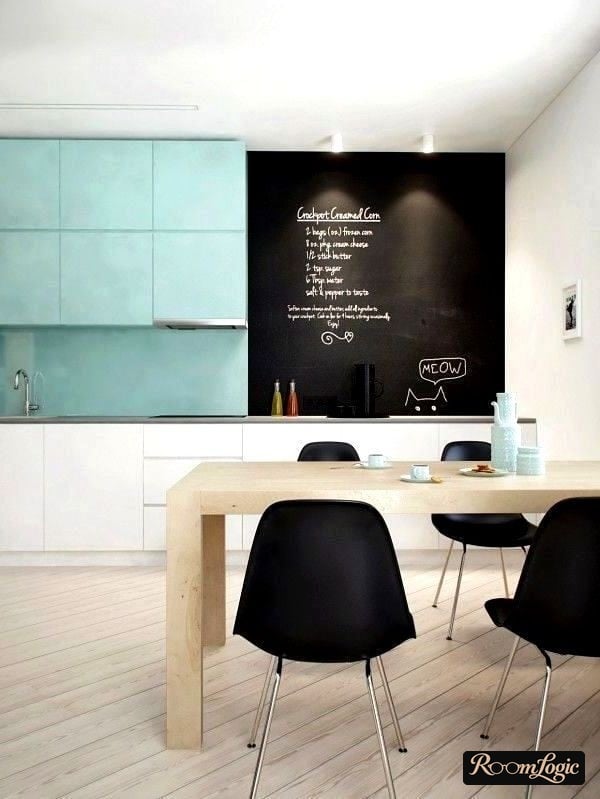 bright turquoise color on a Scandinavian-style kitchen