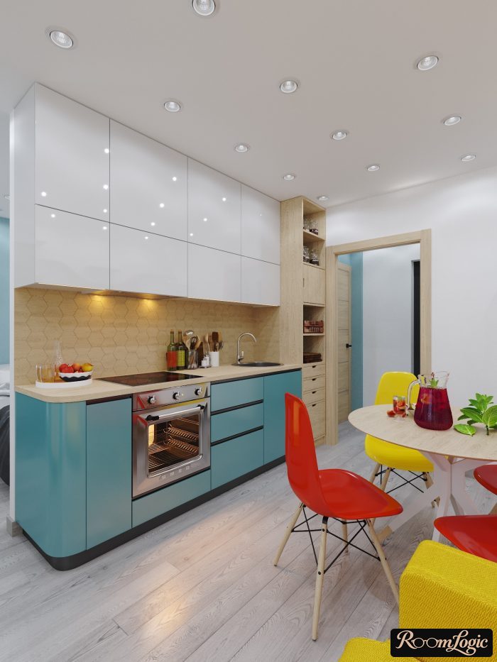 bright white and light blue kitchen