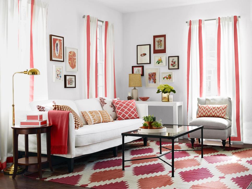 bright white and red living room
