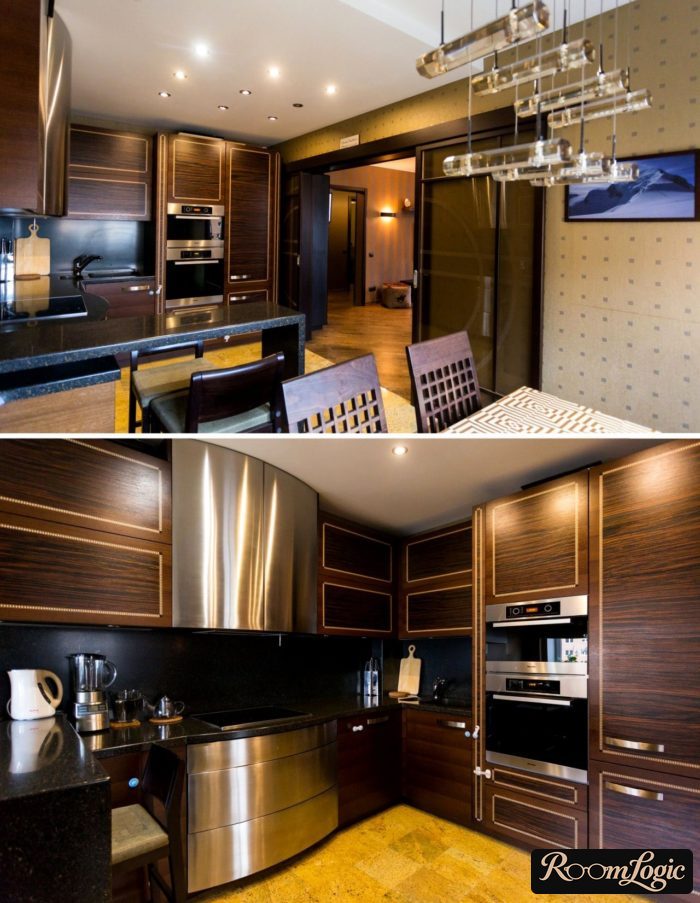 Brown Art Nouveau-style kitchen with cork flooring