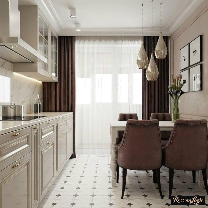 brown curtains and sheer curtain on the kitchen with balcony door