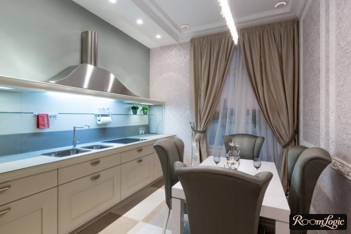 brown curtains in the kitchen with a balcony door
