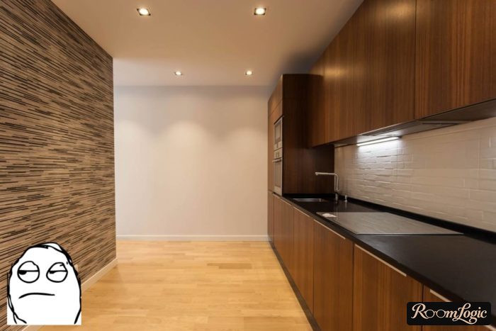 brown wallpaper with small striped pattern in the kitchen