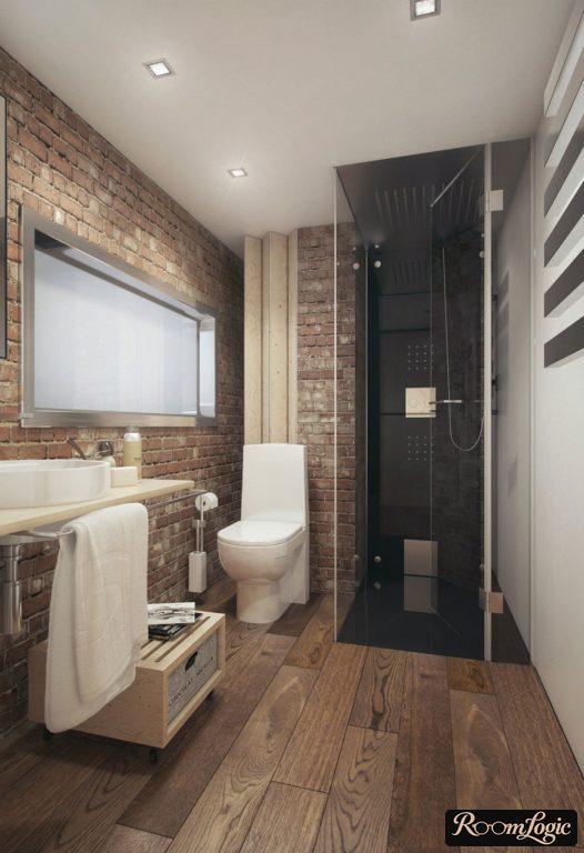 Brutal loft-style bathroom with brick wall