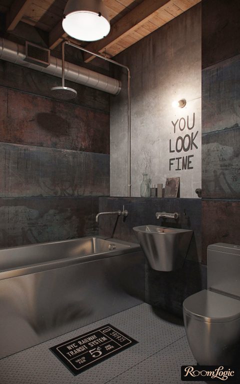 Brutal loft-style bathroom with metallic plumbing