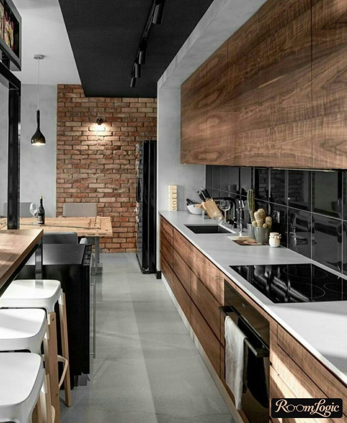 built-in kitchen extending to the ceiling in a loft style