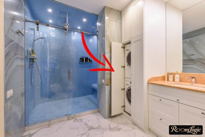 built-in washer and dryer in bathroom design