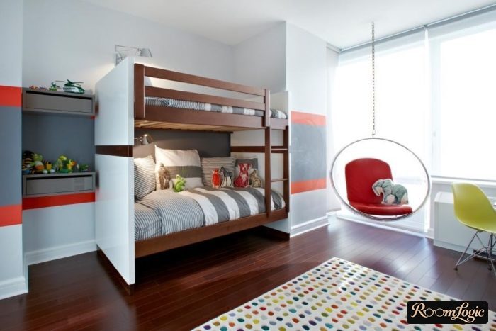 Bunk bed in the teenager boy's room in high-tech style