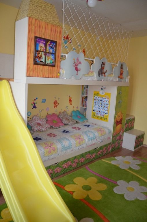 Bunk bed with a slide for two girls
