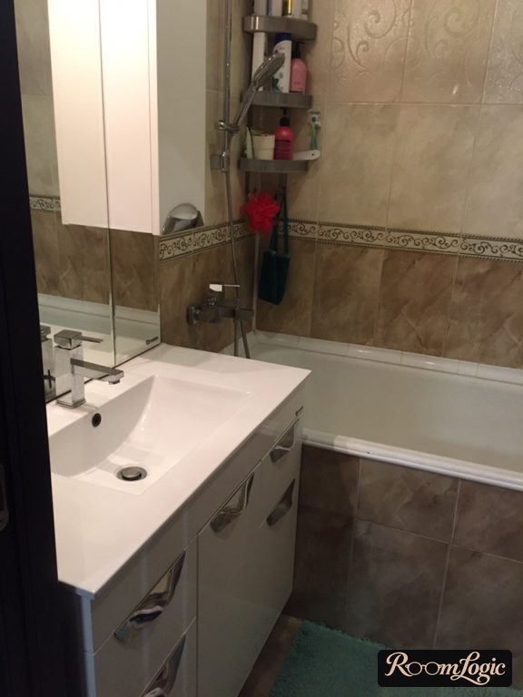 cabinet and shelves in bathroom of tiny apartment