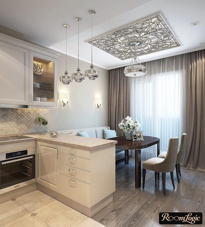 ceiling niche for hanging curtains in kitchen-living room