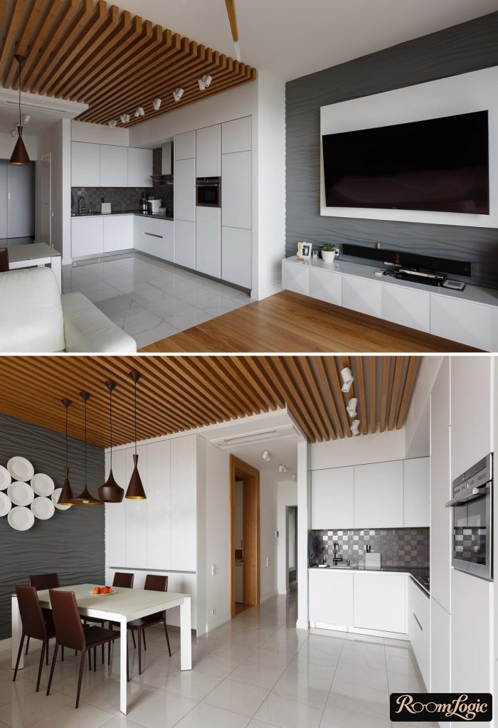 Ceiling slats in a white-and-wood kitchen
