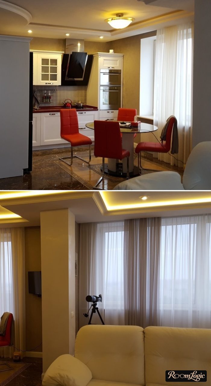 ceiling with molding and lighting in a neoclassical style kitchen-living room
