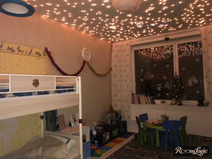 ceiling with string lights in kids’ room