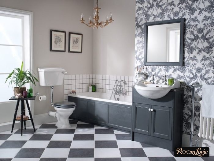 chess tile and Provence style wallpaper in the bathroom