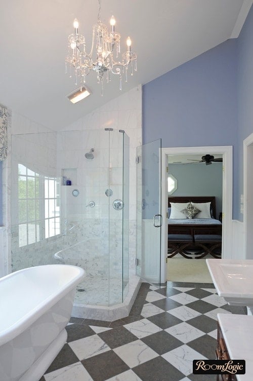 chessboard tile and light blue color in bathroom