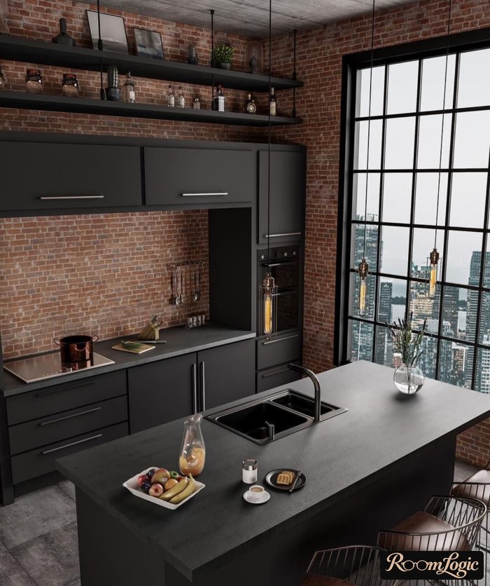 black kitchen with red brick