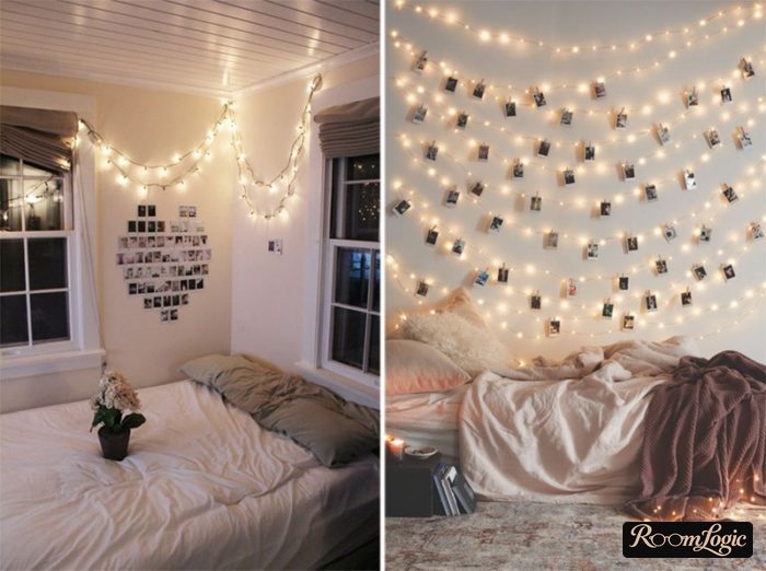 Christmas lights with photos pinned in a teenage girl's room