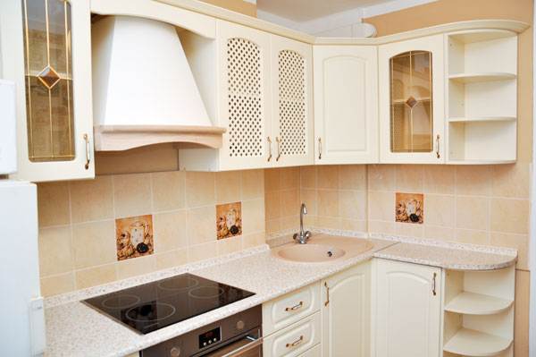 classical corner kitchen in a tiny apartment