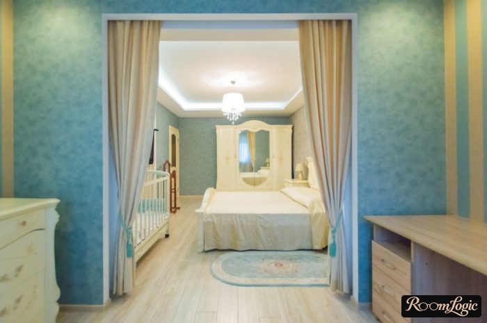 classical design bedroom with kids' room turquoise wallpaper
