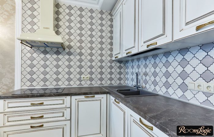 classical design corner kitchen without cabinets on one wall