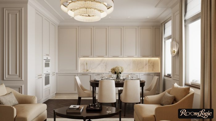 classical kitchen in light tones up to the ceiling