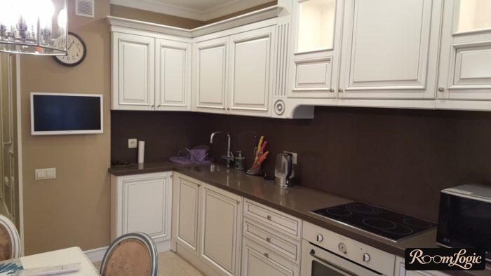 classical kitchen in light tones with a portal