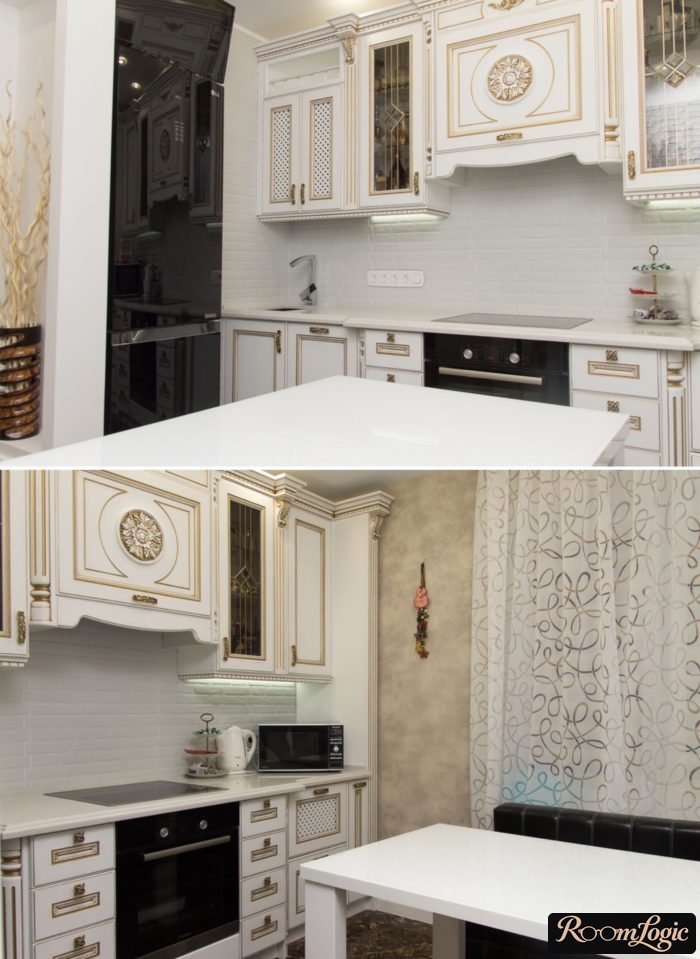 classical kitchen with black glossy refrigerator