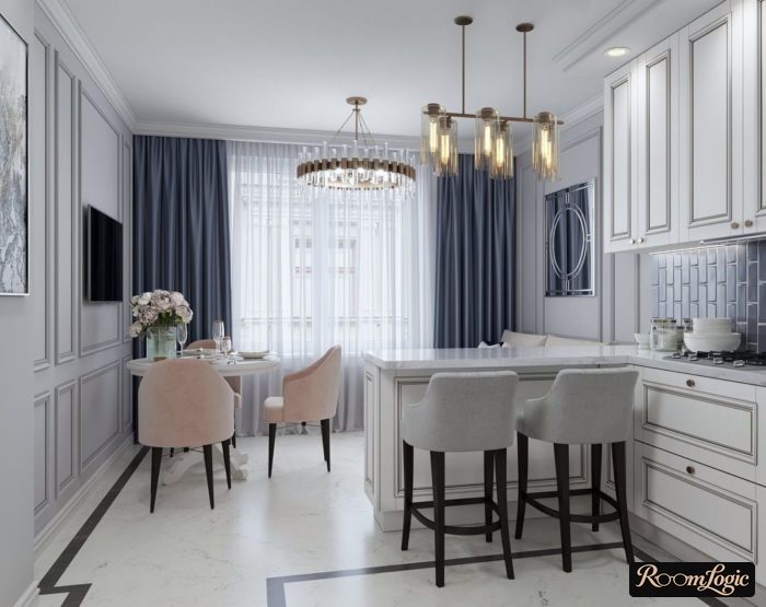 classical kitchen with gray curtains
