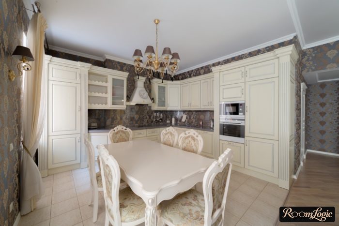 classical style kitchen in light tones with patterned wallpaper - copy