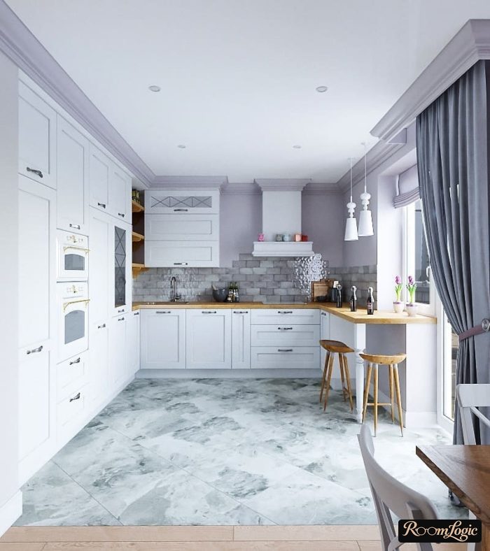 classical style kitchen with balcony door and framed curtains