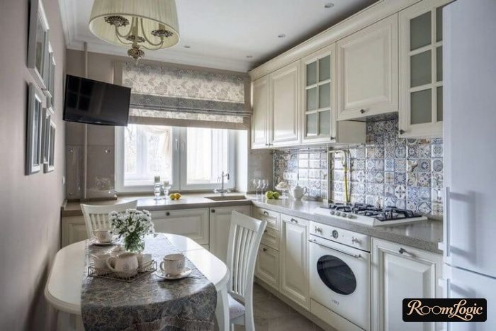 classical styled kitchen 110 square feet with a table