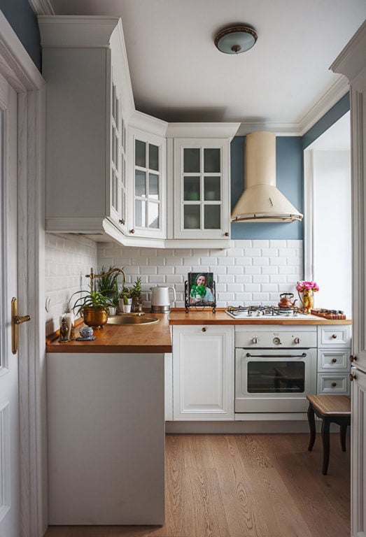 classical white kitchen in tiny apartment