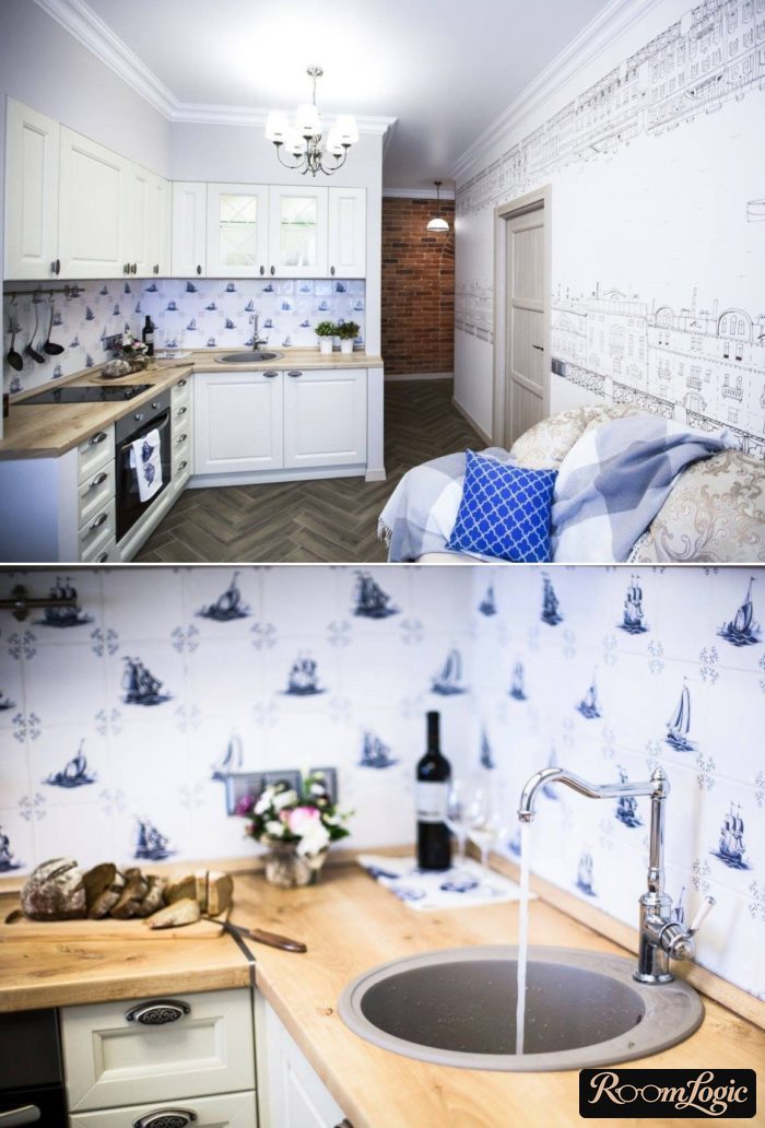 classical white kitchen with wood-look countertop