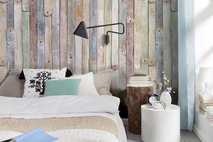 colorful wooden plank wallpaper in a bedroom