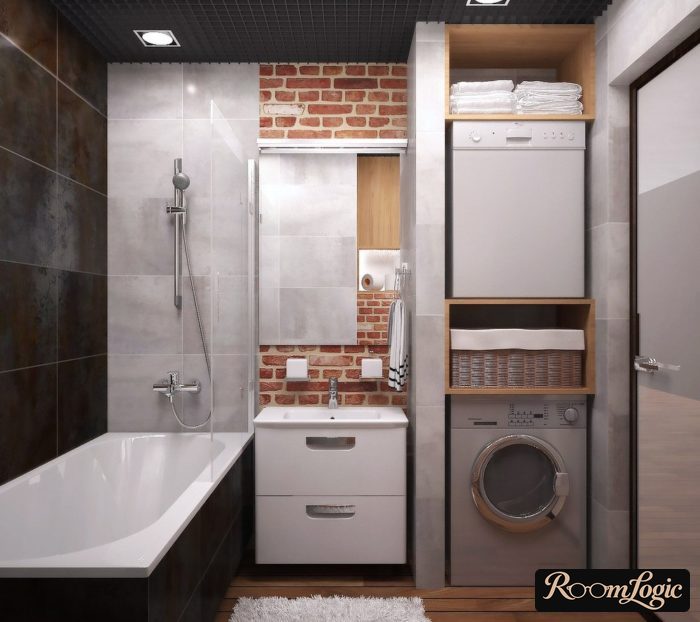 combination of black, white, and red brick in a loft bathroom design bathroom