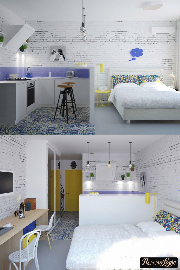 combination of blue and yellow in a small studio apartment