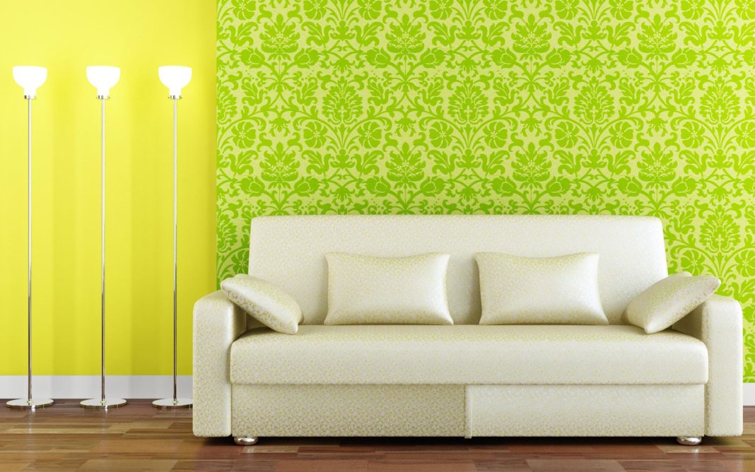 combination of bright colored wallpaper in the interior