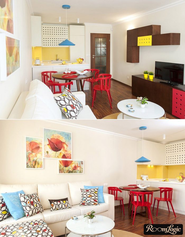 combination of bright colors in a studio apartment