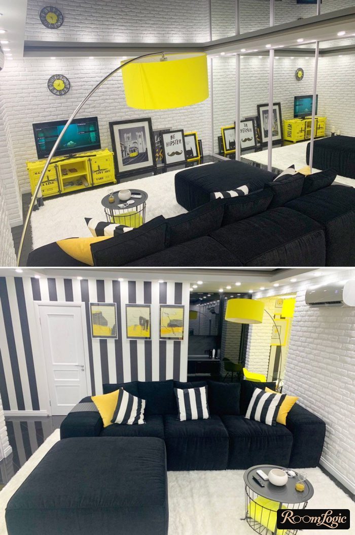 combination of bright yellow as an accent in the interior