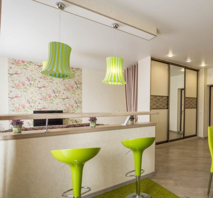 Combination of brown and lime green in a studio interior