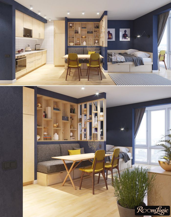combination of dark blue and yellow in the interior of a studio apartment