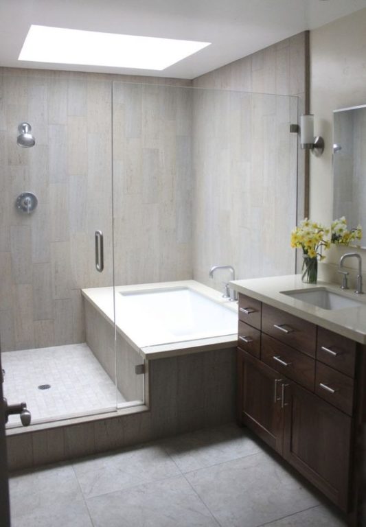 combination of different gray tiles in the bathroom