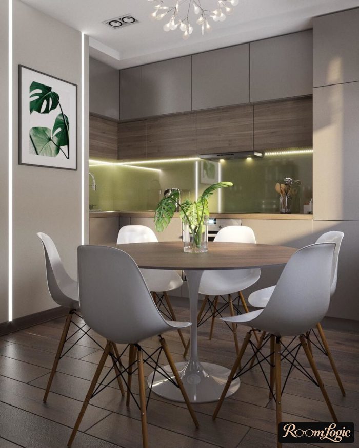 combination of gray and green in kitchen interior