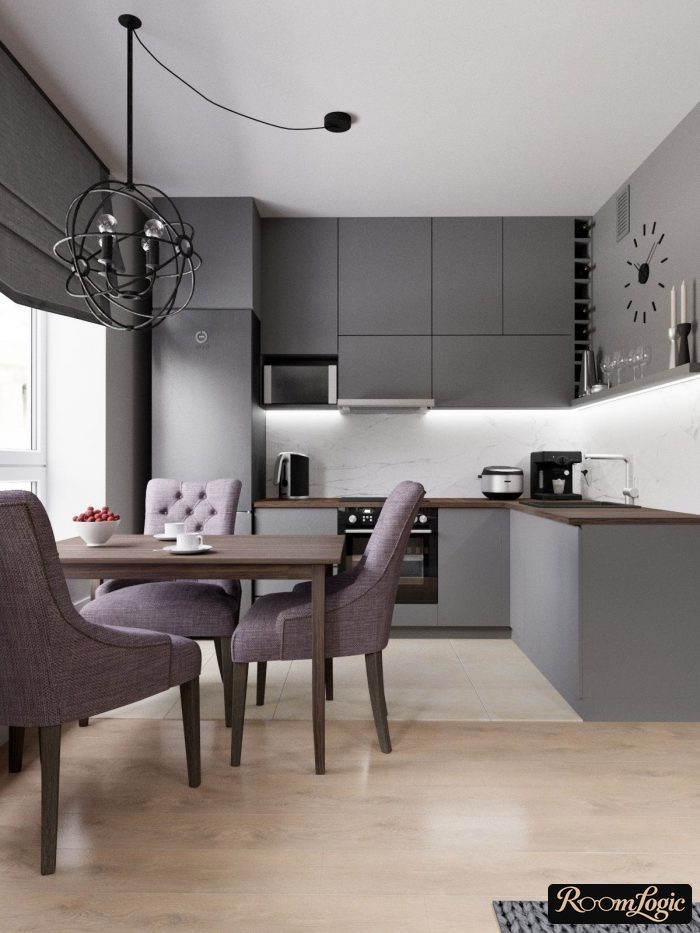 Combination of gray and lavender in a kitchen interior