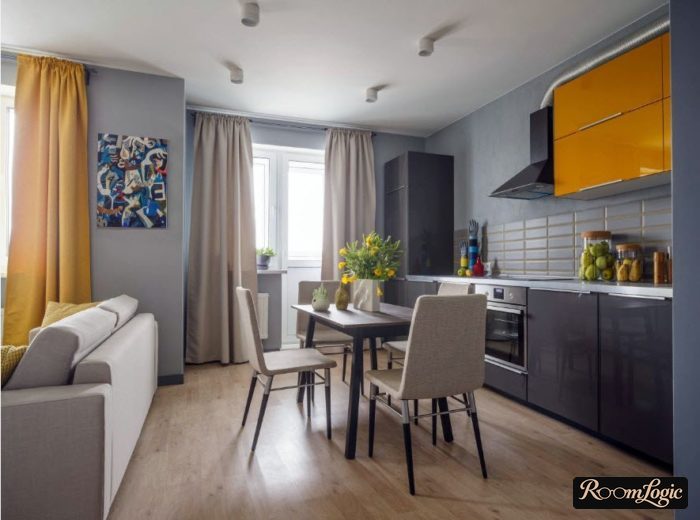 gray and orange curtains in kitchen interior