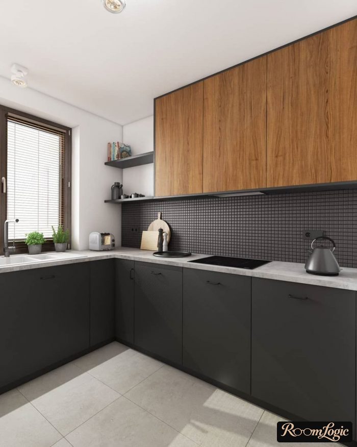 combination of gray and wood in a modern kitchen