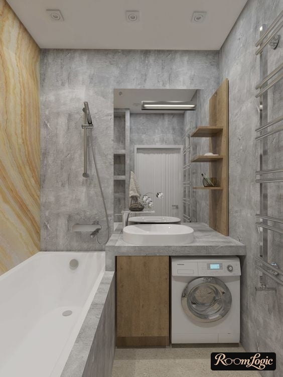 gray and wooden loft bathroom interior