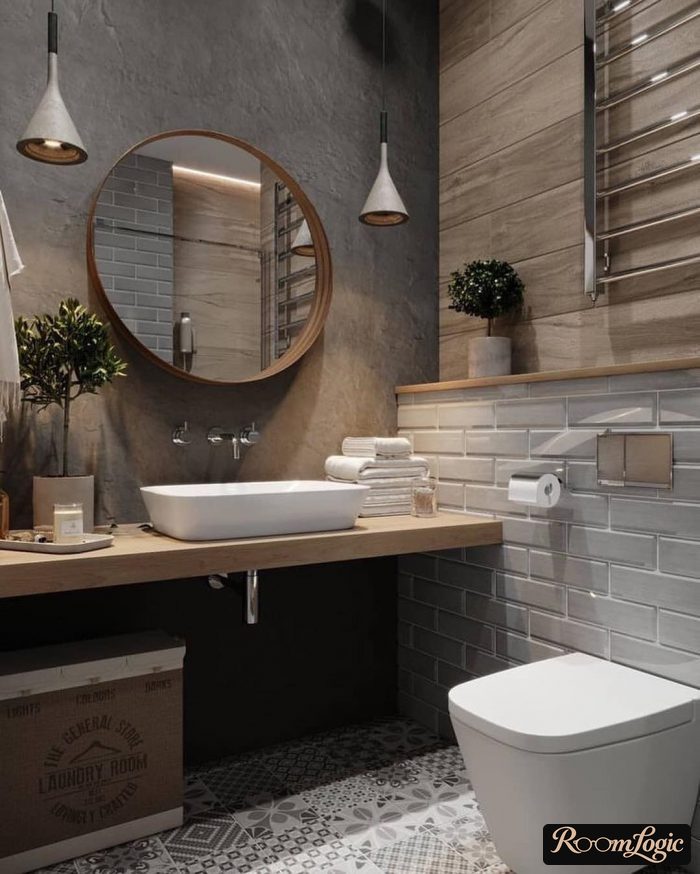 combination of gray brick and wood in a Scandinavian bathroom
